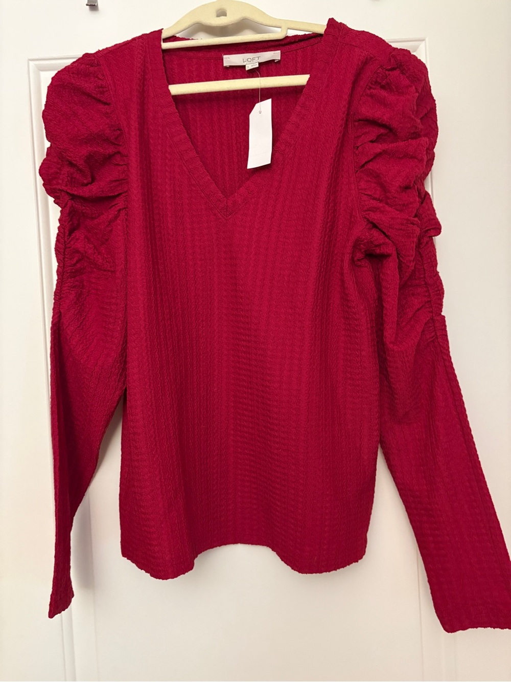 LOFT Cranberry V-Neck Long Sleeve Puff Shoulder Top